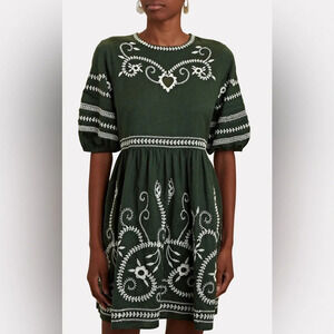 THE GREAT. The Peninsula Embroidered Mini Dress Green Size XS